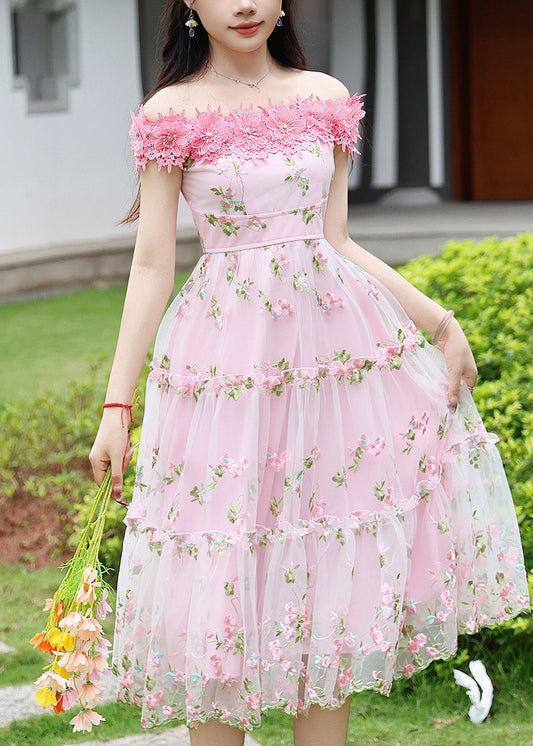 Art Pink Embroidered Floral Tulle Robe Dresses Summer