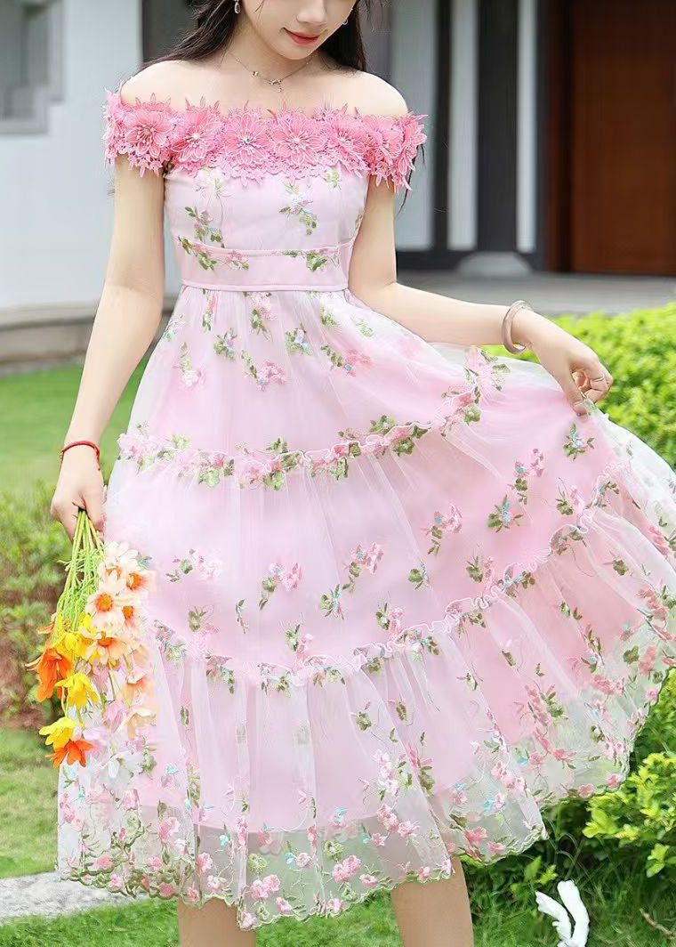 Art Pink Embroidered Floral Tulle Robe Dresses Summer