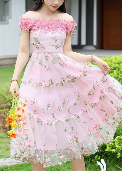 Art Pink Embroidered Floral Tulle Robe Dresses Summer