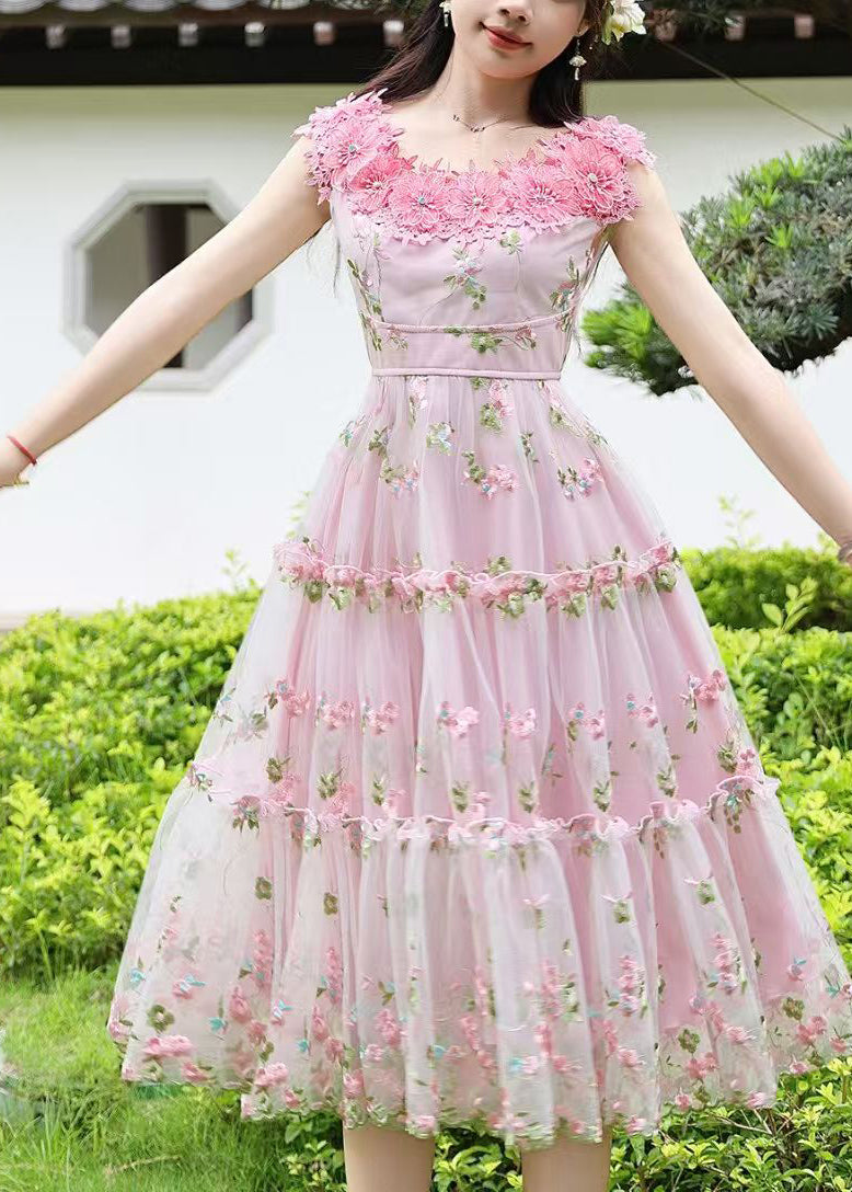 Art Pink Embroidered Floral Tulle Robe Dresses Summer