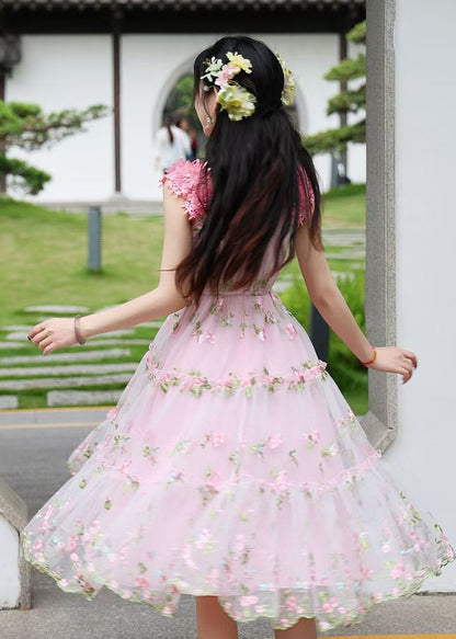 Art Pink Embroidered Floral Tulle Robe Dresses Summer
