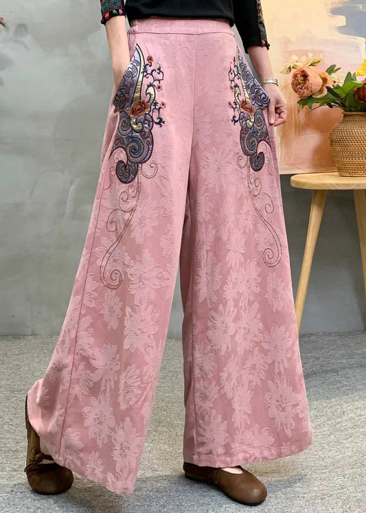 Art Pink Embroidered Jacquard Cotton Straight Pants Spring