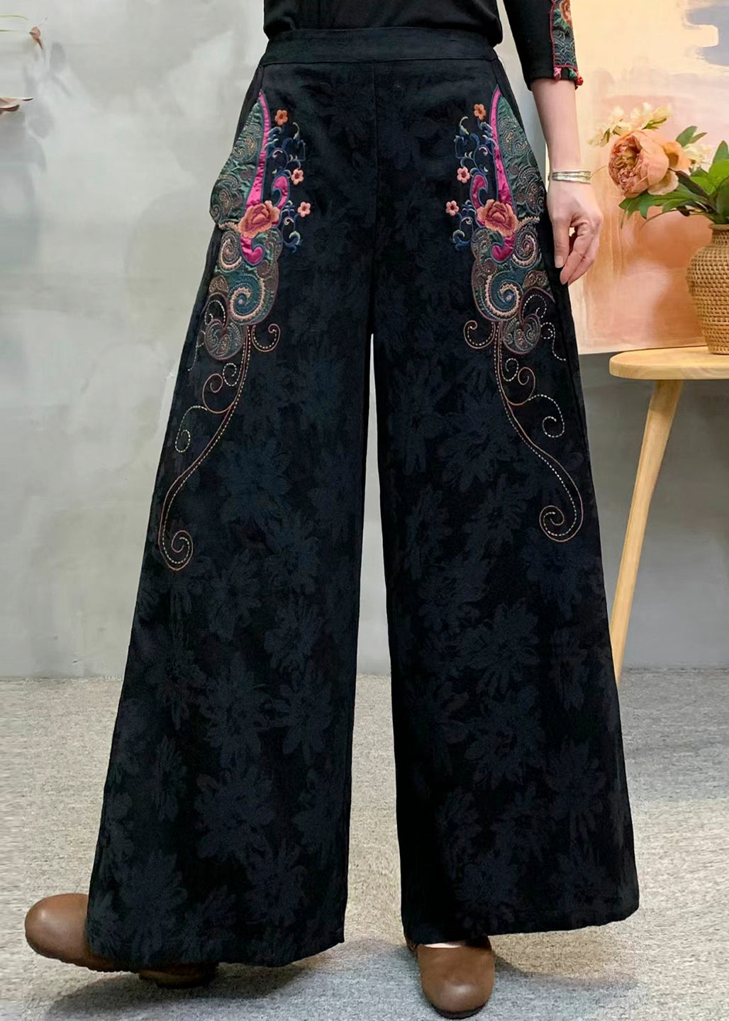 Art Pink Embroidered Jacquard Cotton Straight Pants Spring