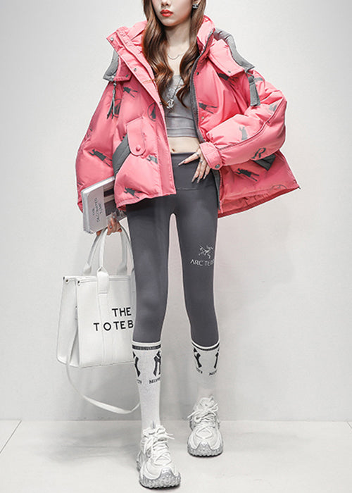 Art Pink Hooded Print Zippered Duck Down Down Coat Winter
