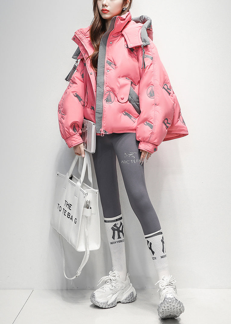 Art Pink Hooded Print Zippered Duck Down Down Coat Winter