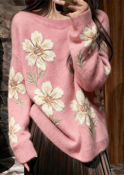 Art Pink O Neck Thick Floral Knit Sweaters Winter
