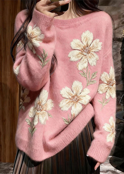 Art Pink O Neck Thick Floral Knit Sweaters Winter