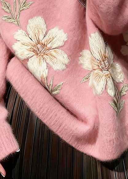 Art Pink O Neck Thick Floral Knit Sweaters Winter