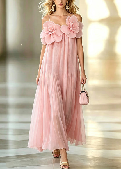 Art Pink Oversized Floral Chiffon Pleated Holiday Dress Summer