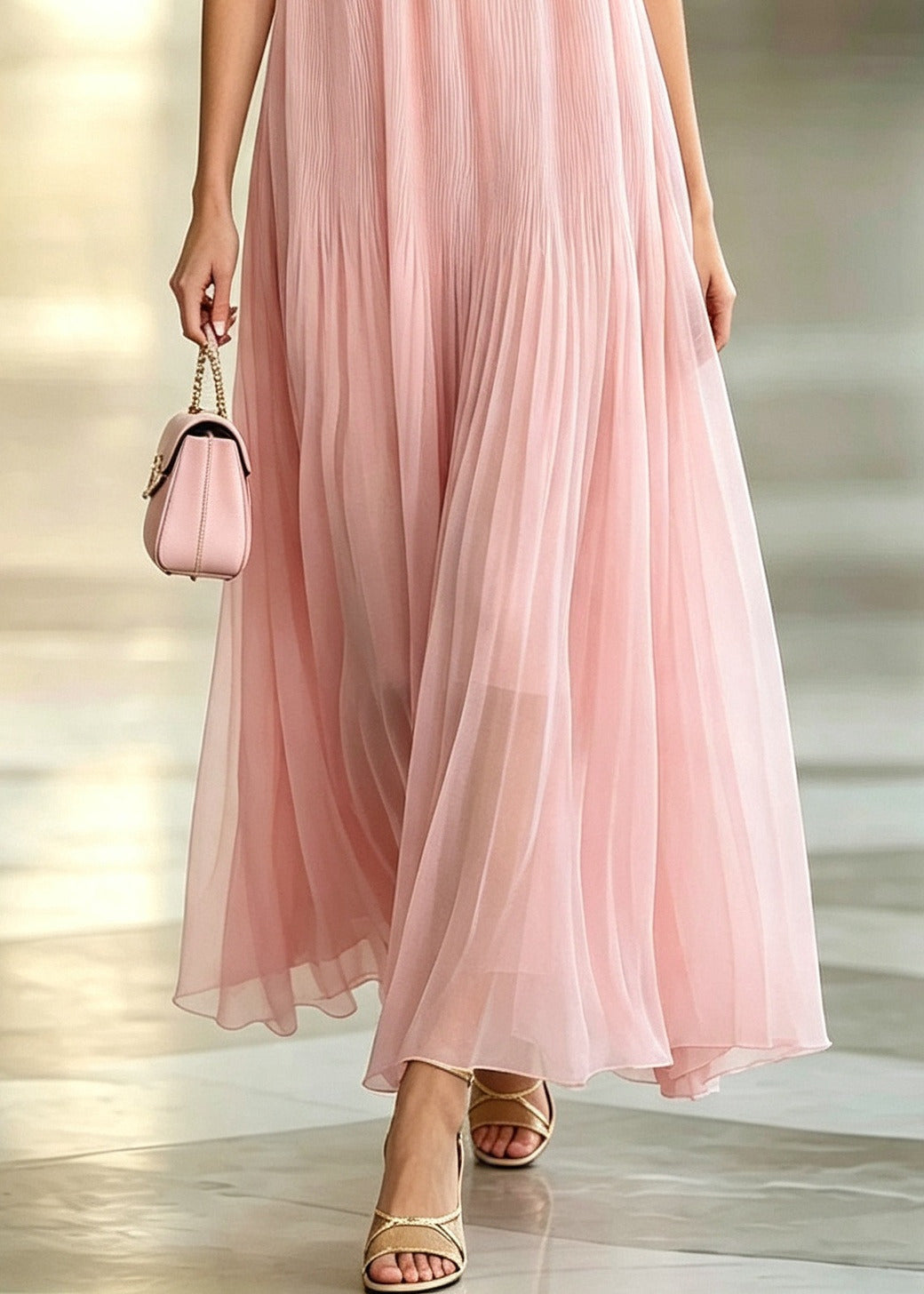 Art Pink Oversized Floral Chiffon Pleated Holiday Dress Summer