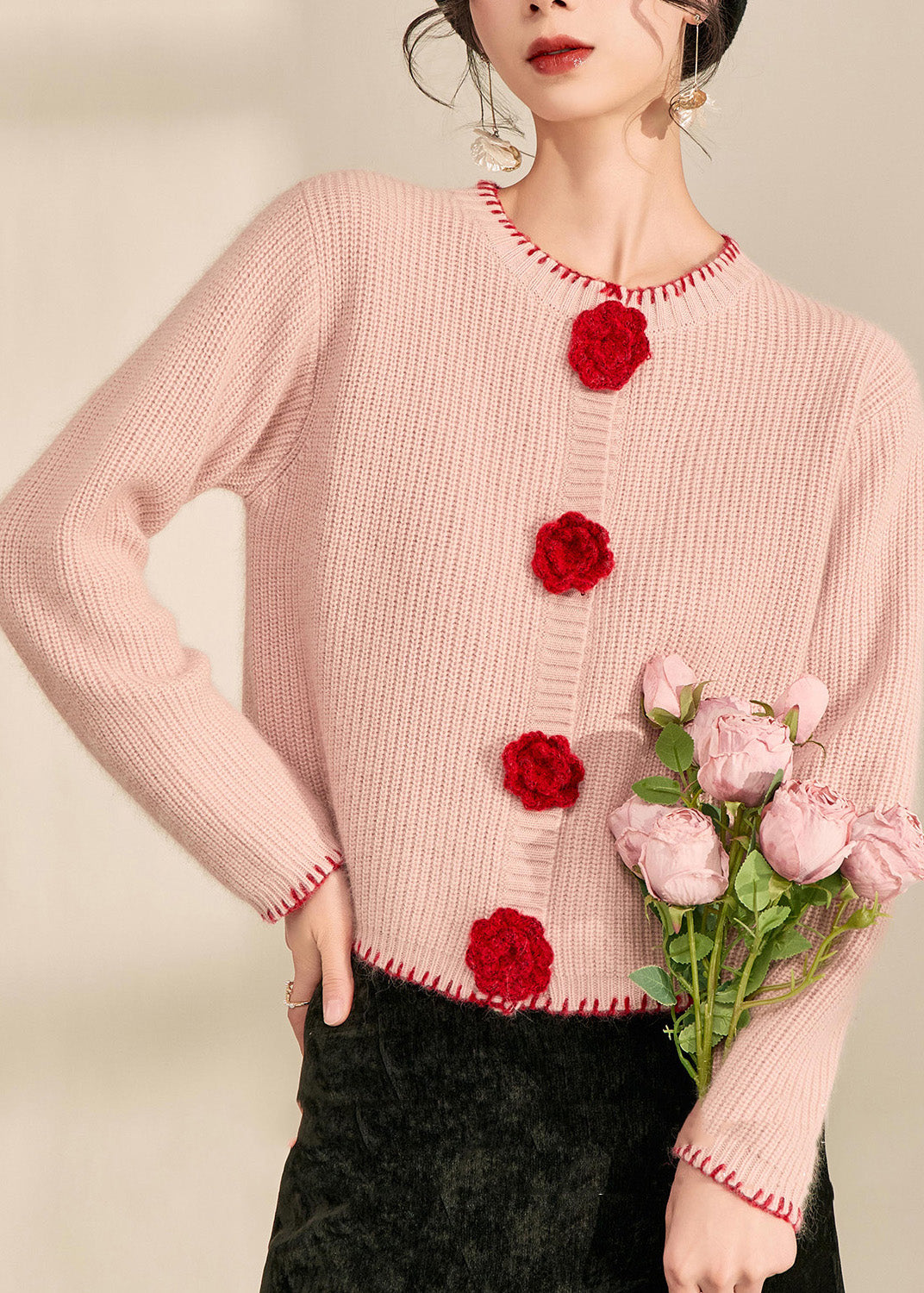 Art Pink Patchwork Floral Button Cotton Knit Cardigan Spring