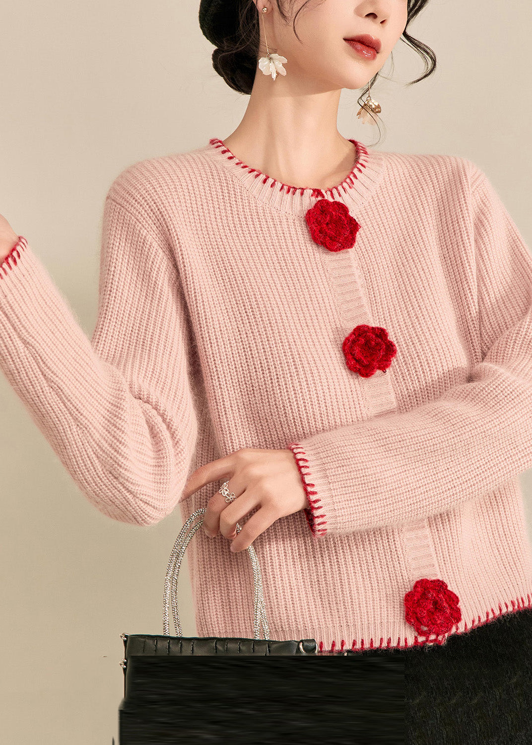 Art Pink Patchwork Floral Button Cotton Knit Cardigan Spring