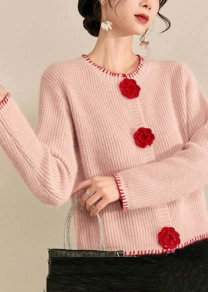 Art Pink Patchwork Floral Button Cotton Knit Cardigan Spring