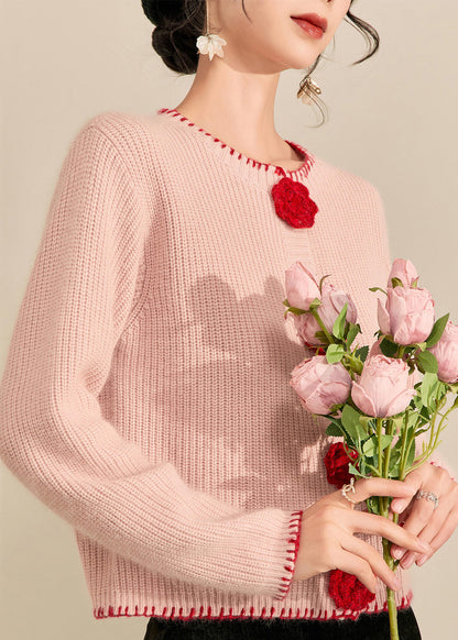 Art Pink Patchwork Floral Button Cotton Knit Cardigan Spring