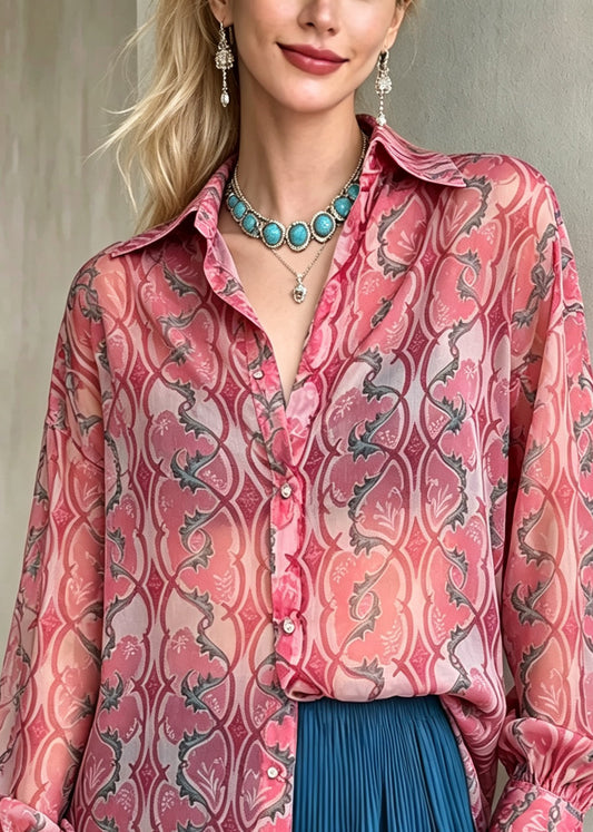 Art Pink Peter Pan Collar Print Chiffon Shirt Top Long Sleeve