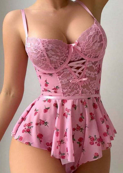 Art Pink Print Lace Patchwork Bodysuit