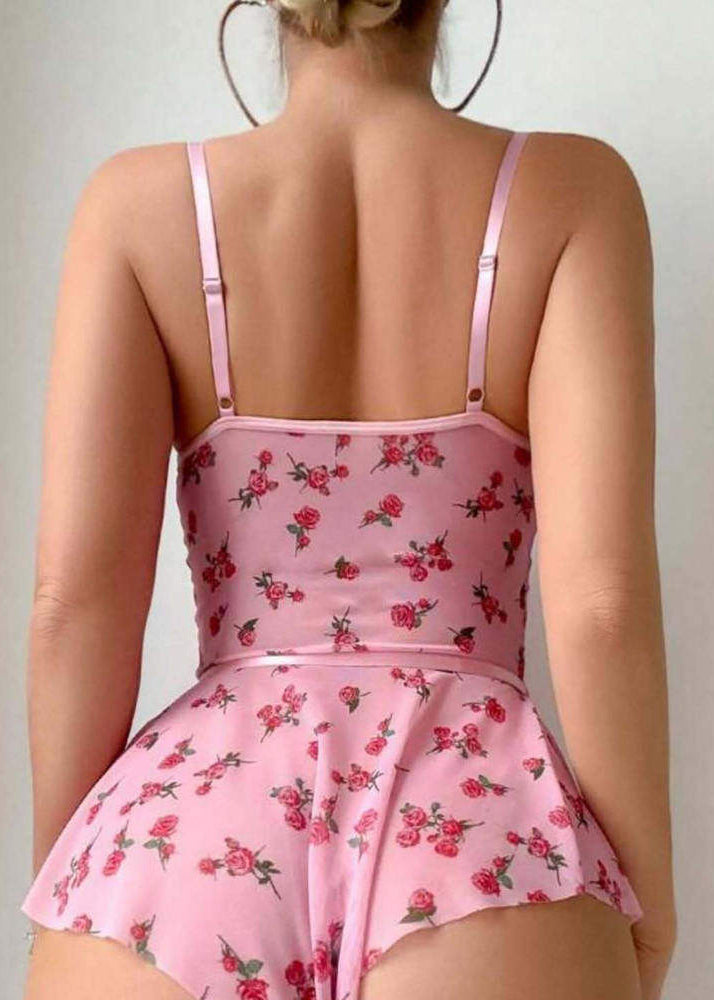 Art Pink Print Lace Patchwork Bodysuit