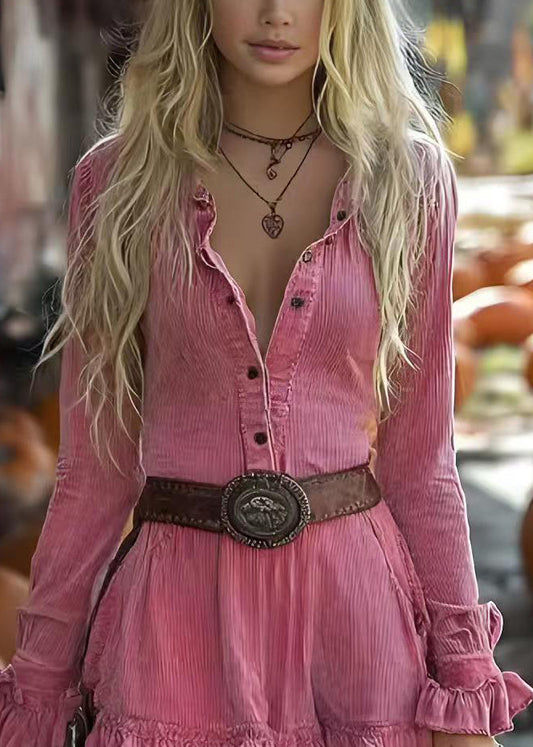 Art Pink Ruffled Button Patchwork Corduroy Dresses Spring