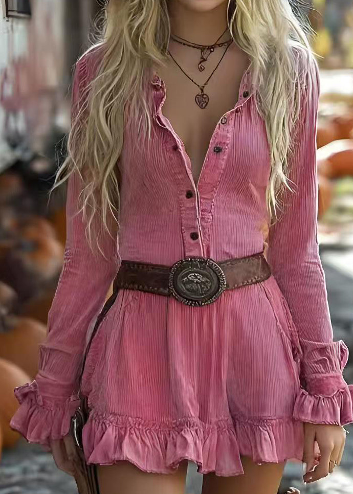 Art Pink Ruffled Button Patchwork Corduroy Dresses Spring