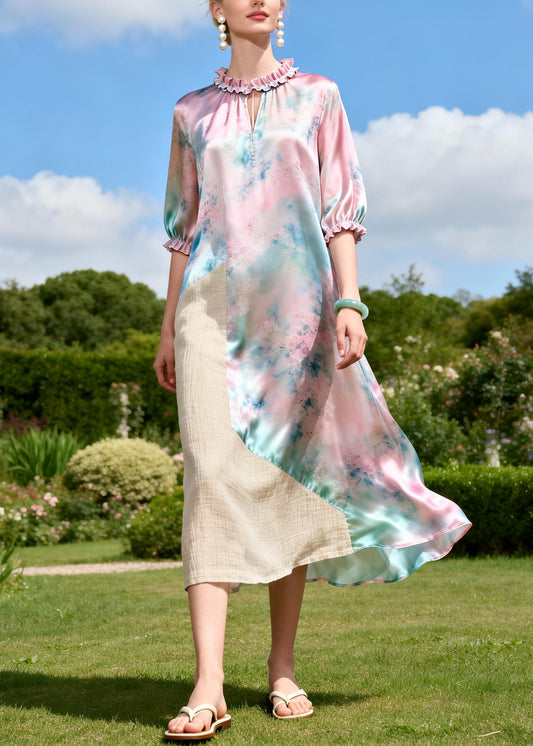 Art Pink Ruffled Patchwork Linen Silk Vacation Dresses Summer