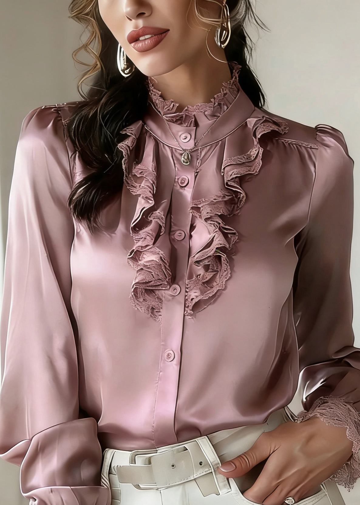 Art Pink Ruffled Patchwork Silk Top Lantern Sleeve