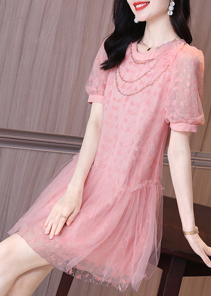 Art Pink Ruffled Patchwork Tulle Party Mid Dress Short Sleeve
