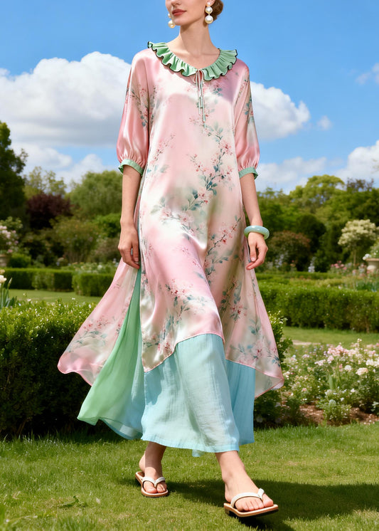 Art Pink Ruffled Print Side Open Silk Long Dress Summer