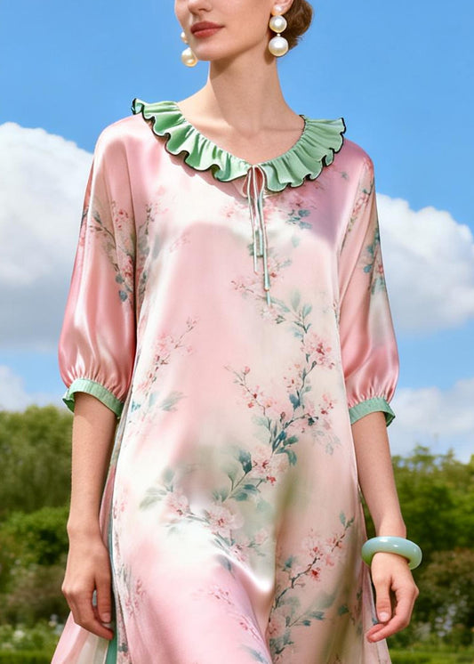 Art Pink Ruffled Print Side Open Silk Long Dress Summer