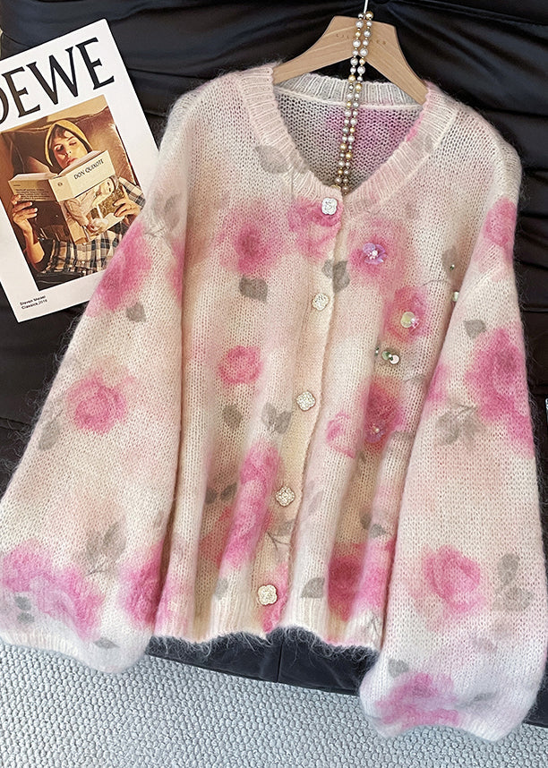 Art Pink Sequins Floral Print Knit Cardigan Fall