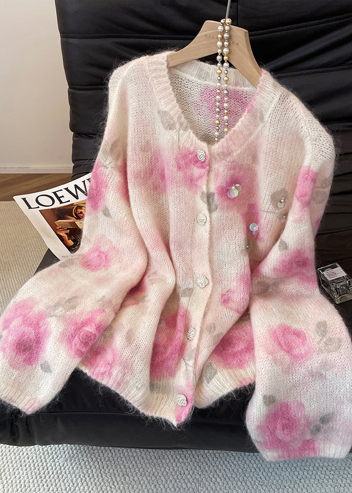 Art Pink Sequins Floral Print Knit Cardigan Fall