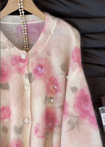 Art Pink Sequins Floral Print Knit Cardigan Fall