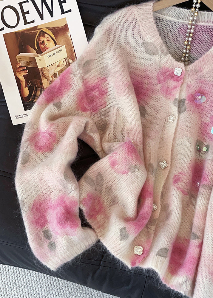 Art Pink Sequins Floral Print Knit Cardigan Fall