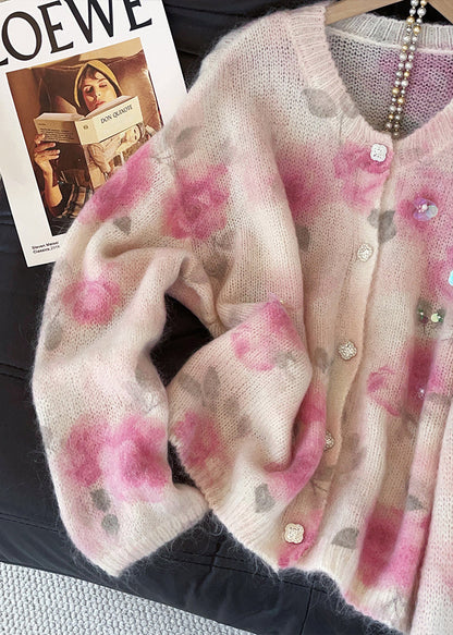 Art Pink Sequins Floral Print Knit Cardigan Fall
