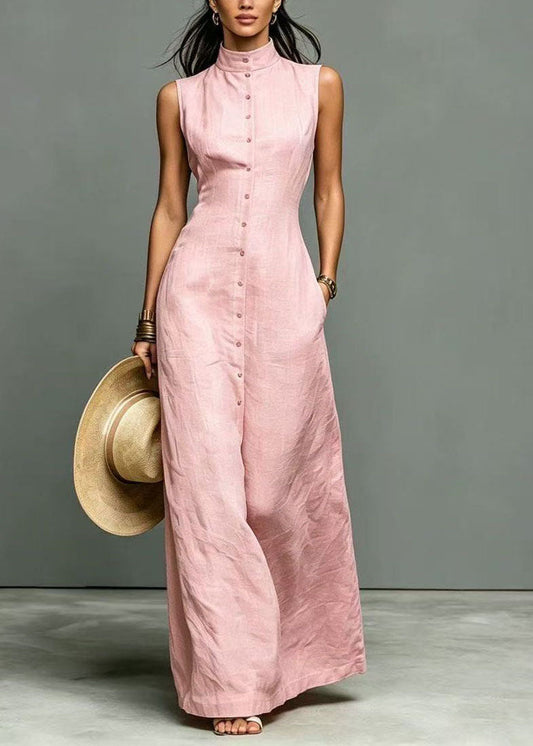 Art Pink Stand Collar Single Breasted Cotton Long Dress Sleeveless