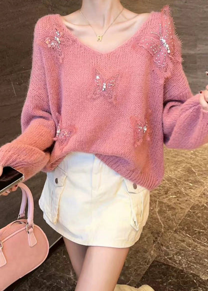 Art Pink V Neck Butterfly Knit Sweaters Winter