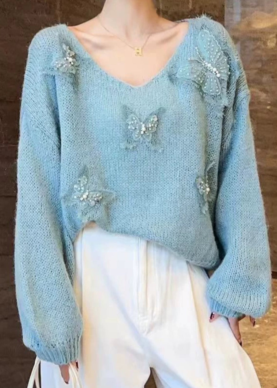 Art Pink V Neck Butterfly Knit Sweaters Winter