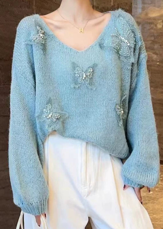 Art Pink V Neck Butterfly Knit Sweaters Winter