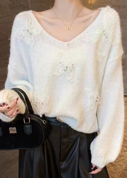 Art Pink V Neck Butterfly Knit Sweaters Winter