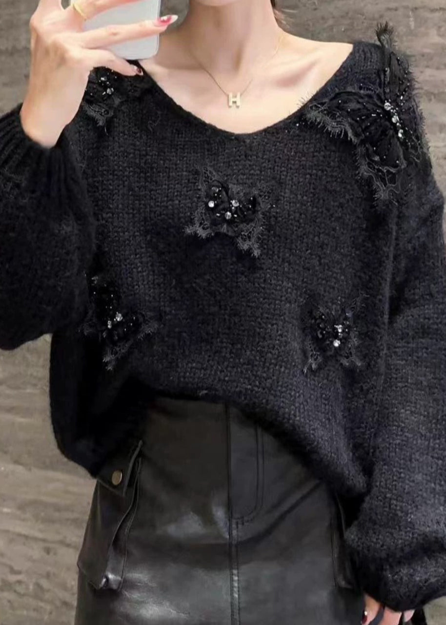 Art Pink V Neck Butterfly Knit Sweaters Winter