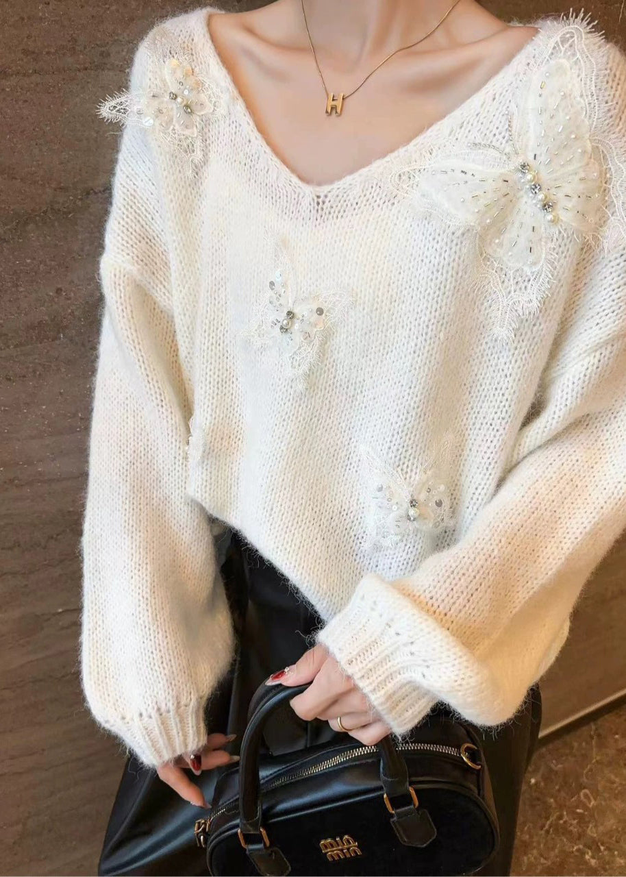 Art Pink V Neck Butterfly Knit Sweaters Winter