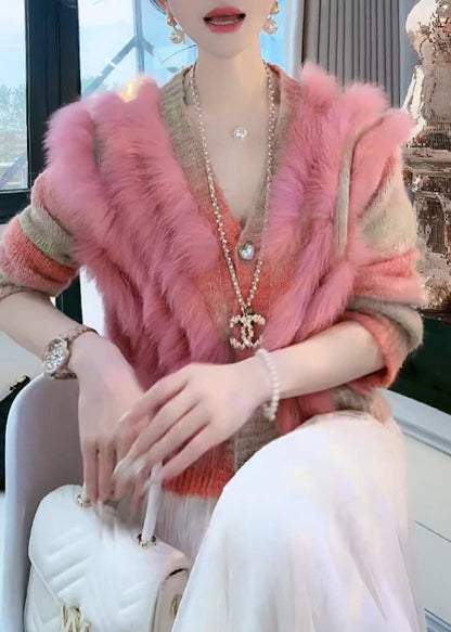 Art Pink V Neck Button Fox Fur Patchwork Knit Coat Winter