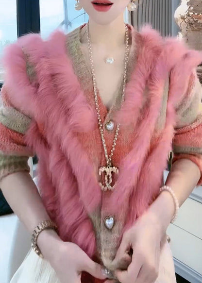 Art Pink V Neck Button Fox Fur Patchwork Knit Coat Winter