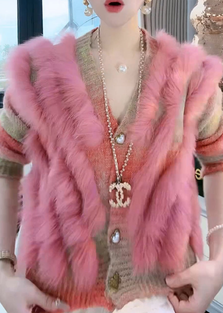 Art Pink V Neck Button Fox Fur Patchwork Knit Coat Winter