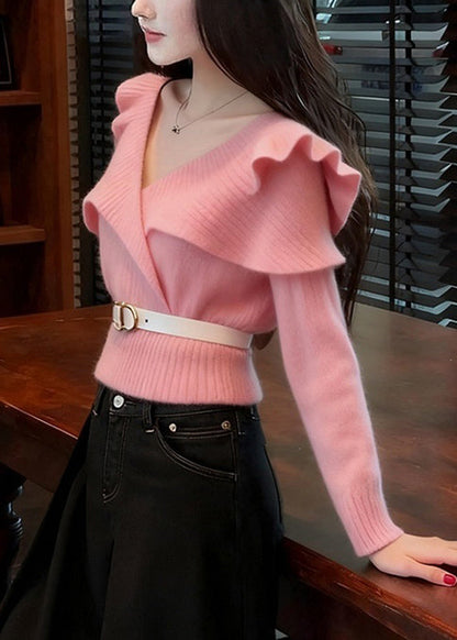 Art Pink V Neck Ruffled Solid Knit Sweater Spring
