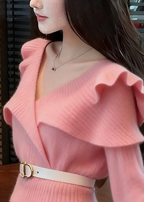 Art Pink V Neck Ruffled Solid Knit Sweater Spring