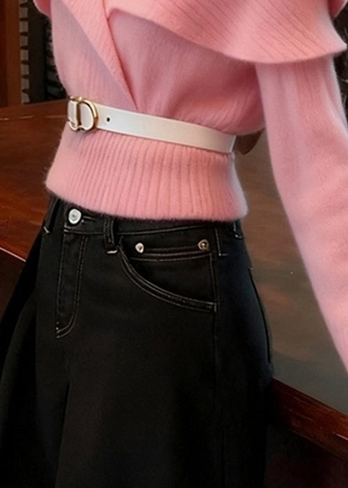 Art Pink V Neck Ruffled Solid Knit Sweater Spring