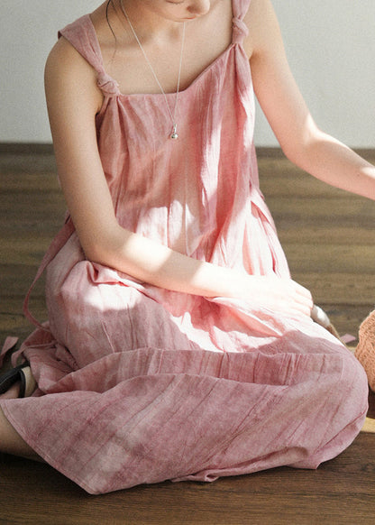 Art Pink Wear On Both Sides Tie Waist Linen Spaghetti Strap Dress Sleeveless