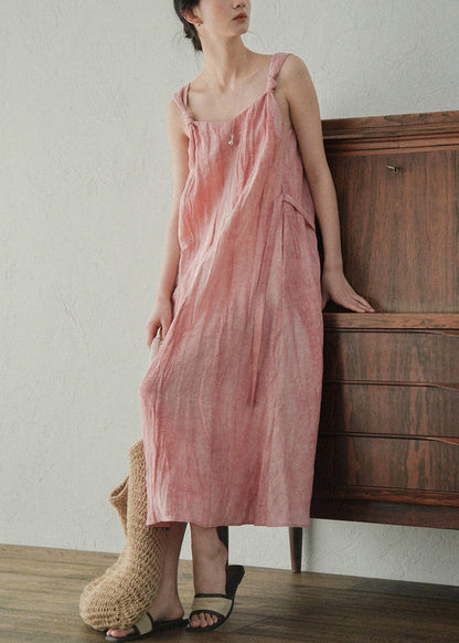 Art Pink Wear On Both Sides Tie Waist Linen Spaghetti Strap Dress Sleeveless