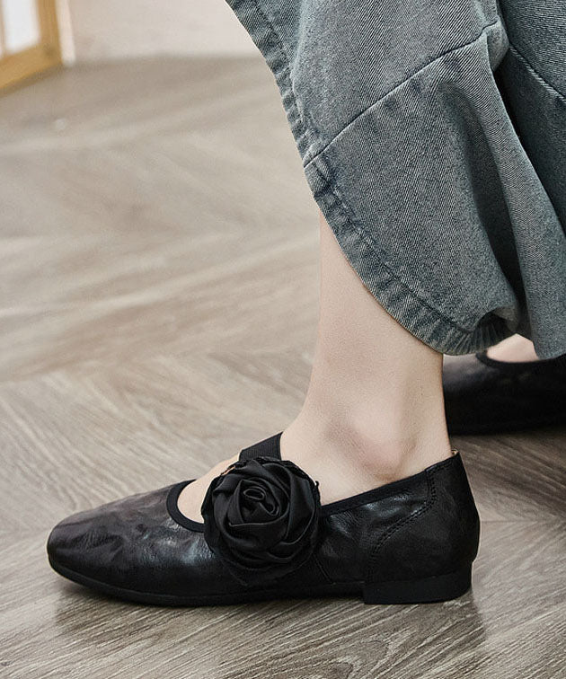 Art Pointed Toe Faux Leather Flat Feet Shoes Black Flower Flats