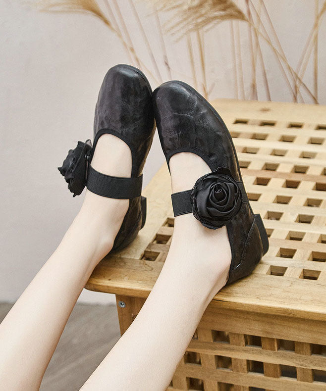 Art Pointed Toe Faux Leather Flat Feet Shoes Black Flower Flats
